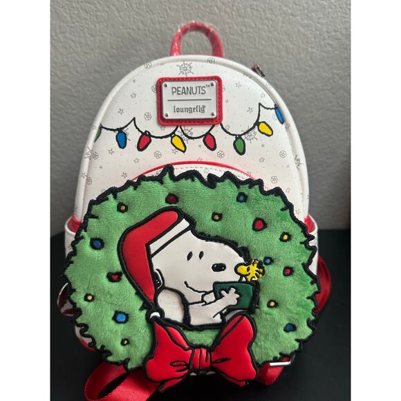 Loungefly Handbags - Snoopy Woodstock Wreath Loungefly Mini Backpack Peanuts Christmas Bag NWT